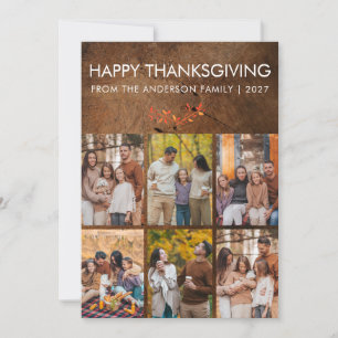  Rustic Woodgrain Happy Thanksgiving Six Photo Holiday Card
