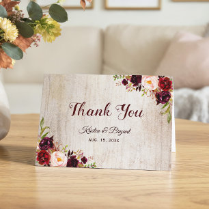 Rustic Woodgrain Look Burgundy Floral Thank You Card