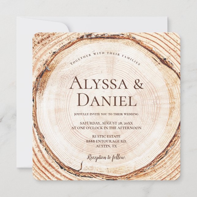 Rustic Woodlan Wood tree cut Slice forest wedding Invitation (Front)