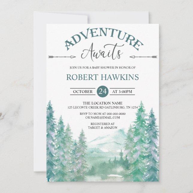 Rustic Woodland Adventure Awaits Baby Shower Invit Invitation (Front)
