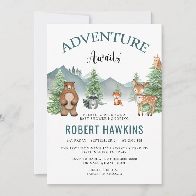 Rustic Woodland Adventure Awaits Baby Shower Invitation (Front)