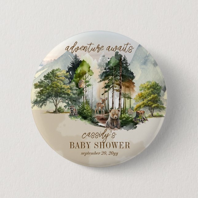 Rustic Woodland Adventure Awaits Boy Baby Shower 6 Cm Round Badge (Front)