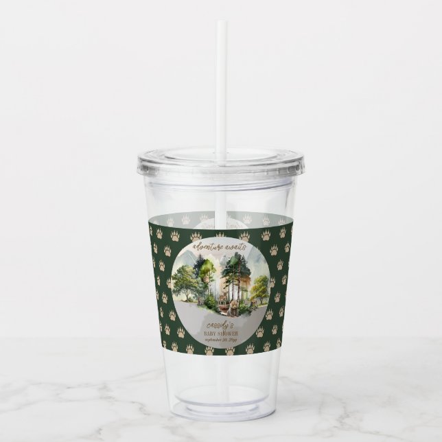 Rustic Woodland Adventure Awaits Boy Baby Shower Acrylic Tumbler (Front)