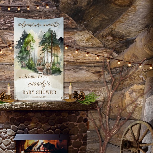 Rustic Woodland Adventure Awaits Boy Baby Shower Banner ("adventure awaits" with this rustic woodland bear and forest animals boy baby shower design.)
