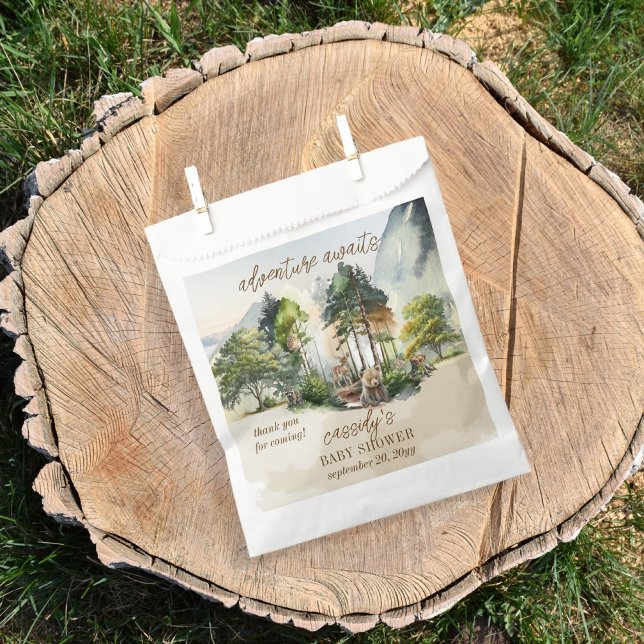 Rustic Woodland Adventure Awaits Boy Baby Shower Favour Bags ("adventure awaits" with this rustic woodland bear and forest animals boy baby shower design.)