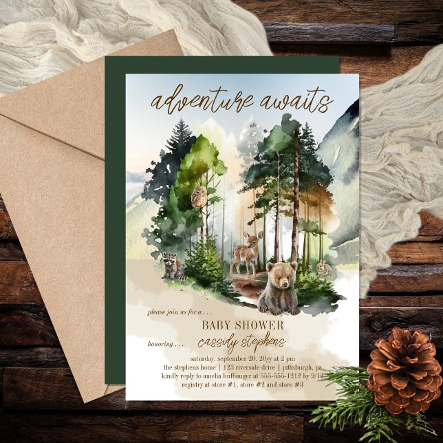 Rustic Woodland Adventure Awaits Boy Baby Shower Invitation ("adventure awaits" with this rustic woodland bear and forest animals boy baby shower design.)
