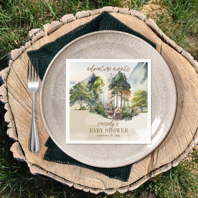 Rustic Woodland Adventure Awaits Boy Baby Shower Napkin ("adventure awaits" with this rustic woodland bear and forest animals boy baby shower design.)