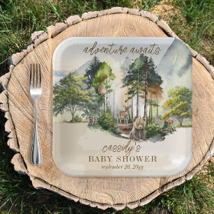 Rustic Woodland Adventure Awaits Boy Baby Shower Paper Plate