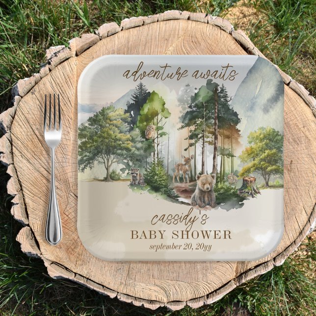 Rustic Woodland Adventure Awaits Boy Baby Shower Paper Plate ("adventure awaits" with this rustic woodland bear and forest animals boy baby shower design.)