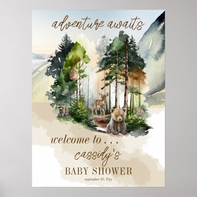 Rustic Woodland Adventure Awaits Boy Baby Shower Poster (Front)