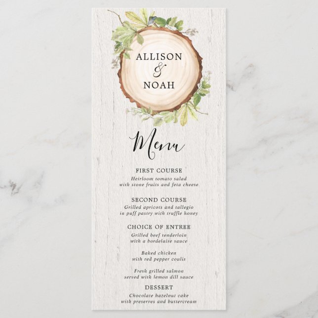 Rustic woodland and greenery wedding menu (Front)