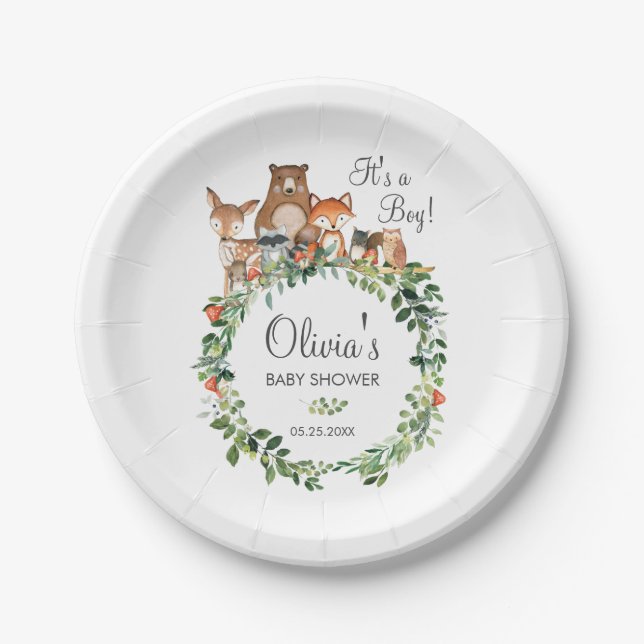 Rustic Woodland Animals Baby Shower Boy Girl Paper Plate (Front)