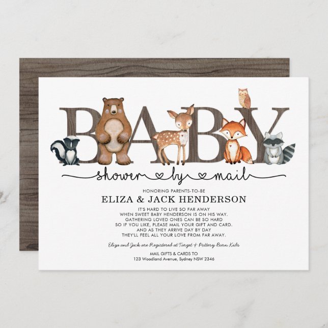 Rustic Woodland Animals Baby Shower By Mail Invitation (Front/Back)