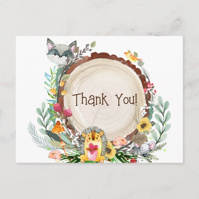 Rustic Woodland Animals Baby Shower Greenery Thank Postcard (Front)