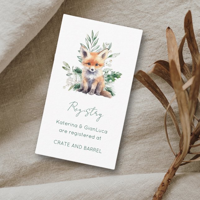 Rustic Woodland Animals Baby Shower Registry Enclosure Card (This baby shower Registry card features a cute little fox and winter greenery)