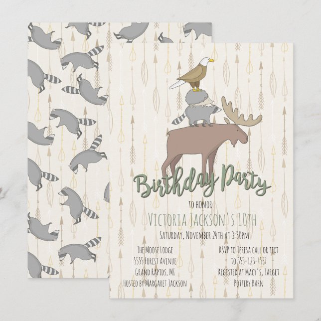 Rustic Woodland Animals Birthday Party Invitation (Front/Back)