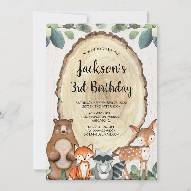 Rustic woodland animals boys birthday party invitation (Front)