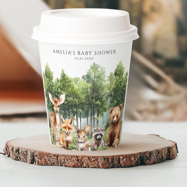 Rustic Woodland Animals Deer Fox Bear Green Paper Cups (Creator Uploaded)