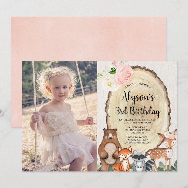Rustic woodland animals floral girl birthday photo invitation (Front/Back)