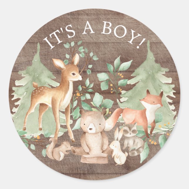 Rustic Woodland Animals It' a Boy Favour Sticker (Front)