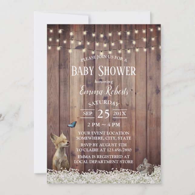 Rustic Woodland Animals String Light Baby Shower Invitation (Front)