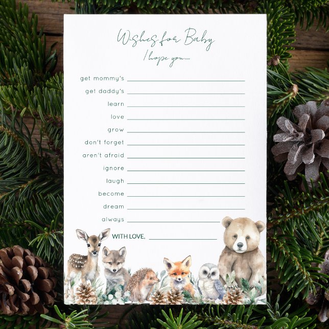 Rustic Woodland Animals Wishes for Baby Game Advice Card (This Wishes for Baby game is perfect for a rustic, winter baby shower for a baby boy or girl.)