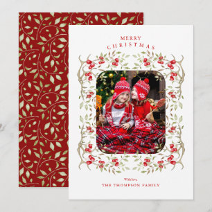 Rustic Woodland Antler and Berry Wreath Photo Holiday Card