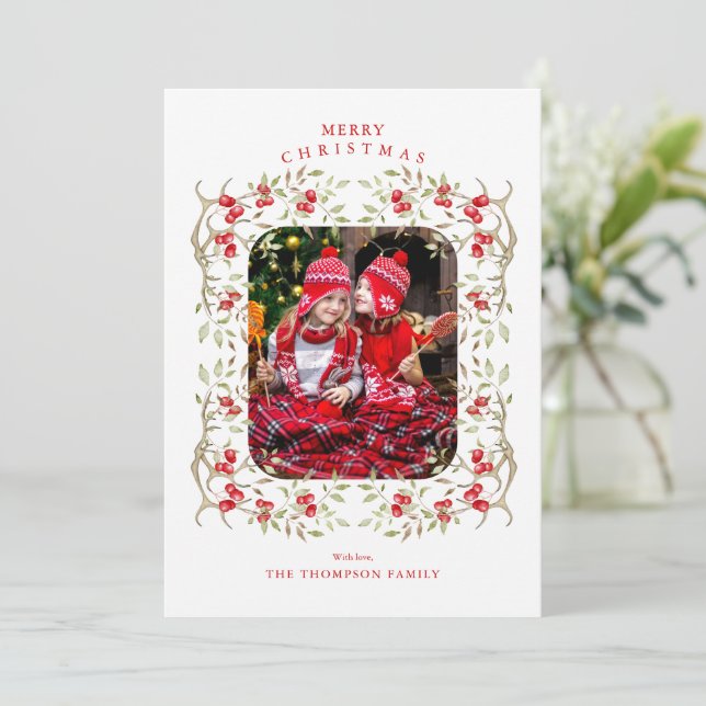 Rustic Woodland | Antler and Berry Wreath Photo Holiday Card (Standing Front)