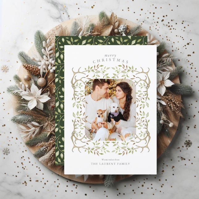 Rustic Woodland | Antler Wreath Photo Holiday Card (Celebrate the holiday season by sending out this rustic woodland wreath photo card to family/friends)