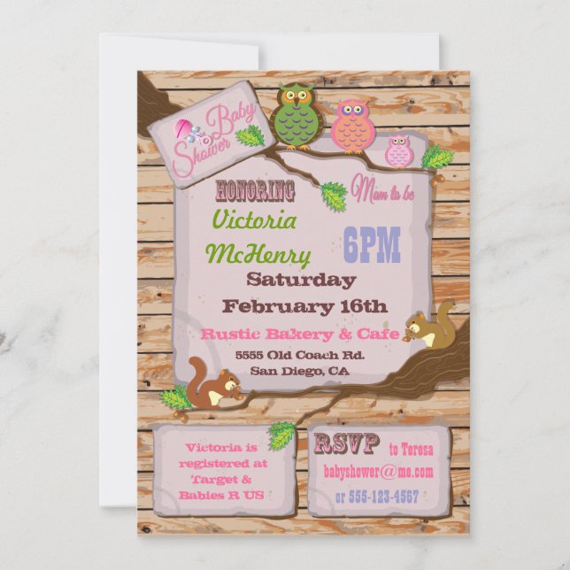 Rustic Woodland Baby Girl Shower Invitations (Front)