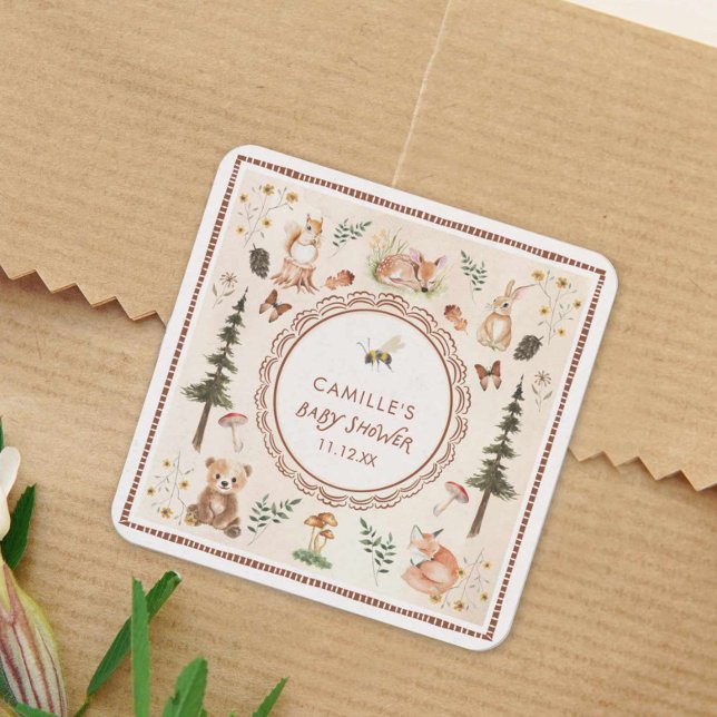 Rustic Woodland Baby Shower Square Sticker (Forest Creatures Baby Shower Sticker)