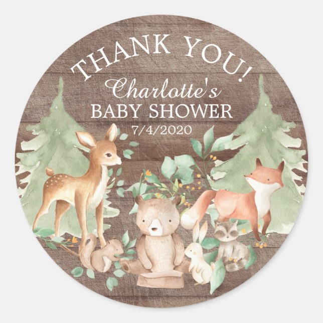 Rustic Woodland Baby Shower Thank You Favour Classic Round Sticker (Front)