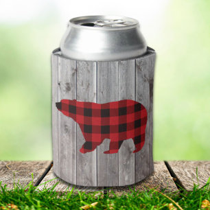 rustic woodland barn wood red buffalo plaid bear can cooler