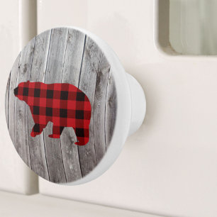 rustic woodland barn wood red buffalo plaid bear ceramic knob