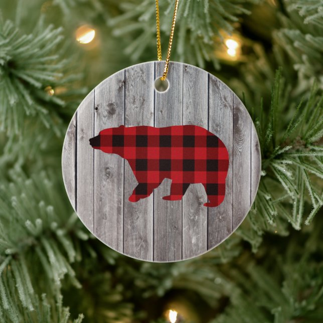 rustic woodland barn wood red buffalo plaid bear ceramic tree decoration (Tree)