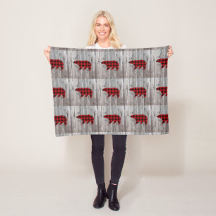 rustic woodland barn wood red buffalo plaid bear fleece blanket