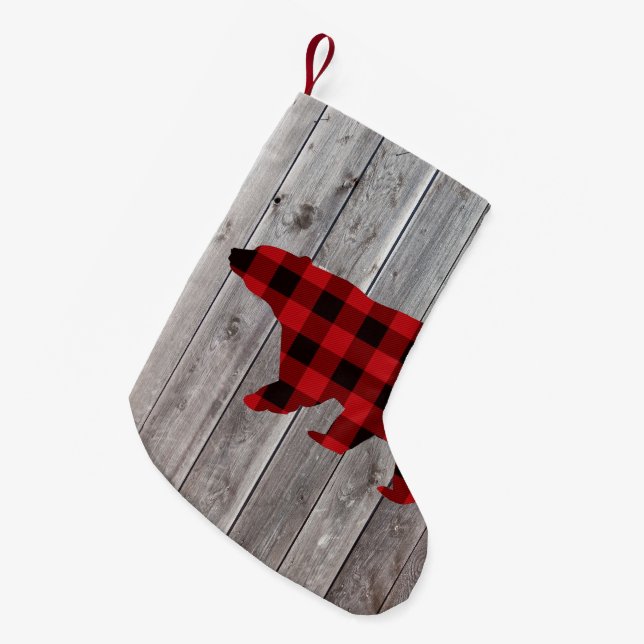 rustic woodland barn wood red buffalo plaid bear small christmas stocking (Front (Hanging))
