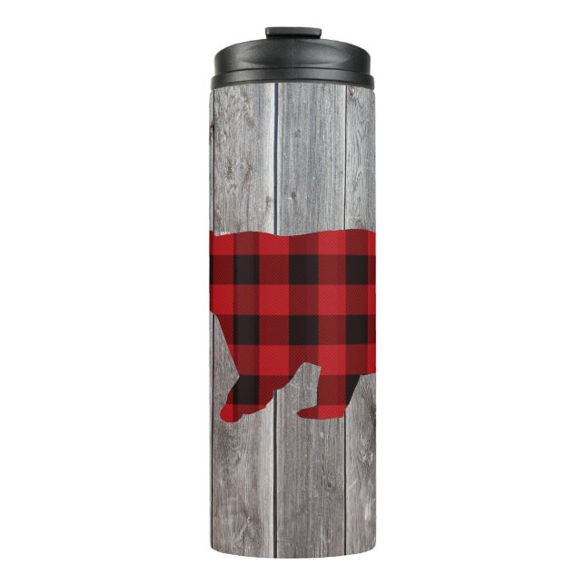 rustic woodland barn wood red buffalo plaid bear thermal tumbler (Front)