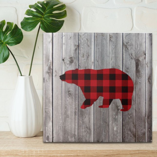 rustic woodland barn wood red buffalo plaid bear tile (rustic woodland barn wood red buffalo plaid bear ceramic tile)