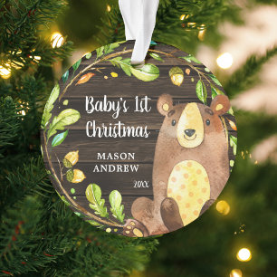 Rustic Woodland Bear Baby's First Christmas Ornament
