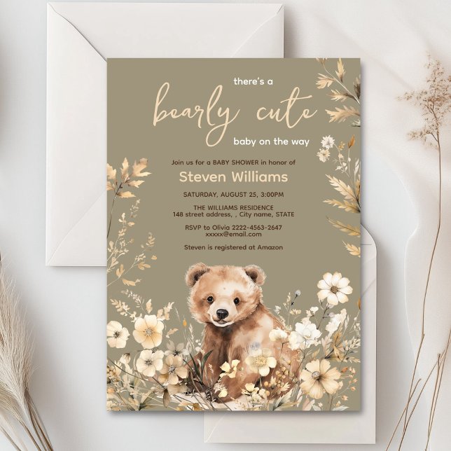 Rustic Woodland Bear gender neutral Baby Shower  Invitation (Cute watercolor forest bear with rustic beige flowers baby shower invitation)