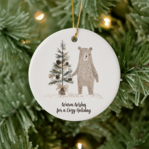 Rustic Woodland Bear with Christmas Tree Ceramic Tree Decoration