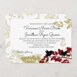 Rustic Woodland Birds Burgundy and Gold Wedding Invitation