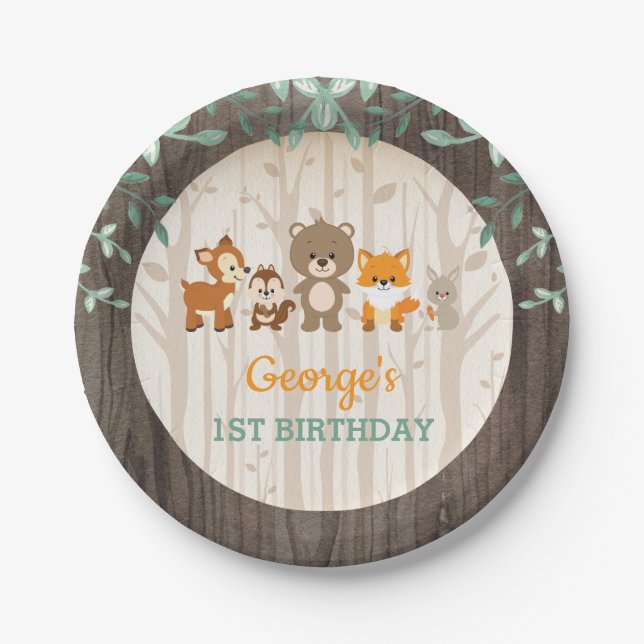 Rustic Woodland Birthday Forest Animal Baby Shower Paper Plate (Front)