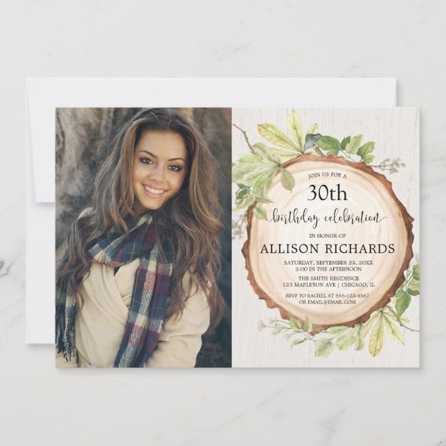 Rustic woodland birthday party adult any age photo invitation (Front)