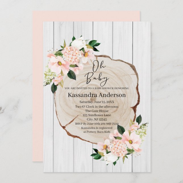 Rustic Woodland Blush Floral Baby Shower Invitation (Front/Back)