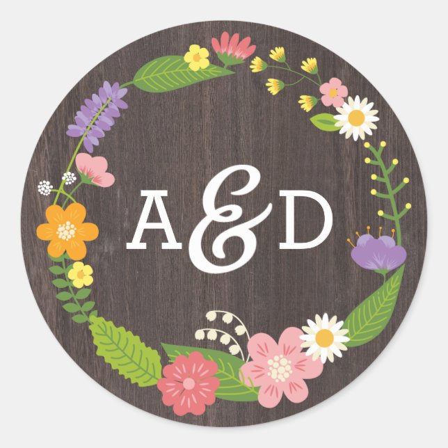 Rustic Woodland Bohemian Floral Wreath Wedding Classic Round Sticker (Front)