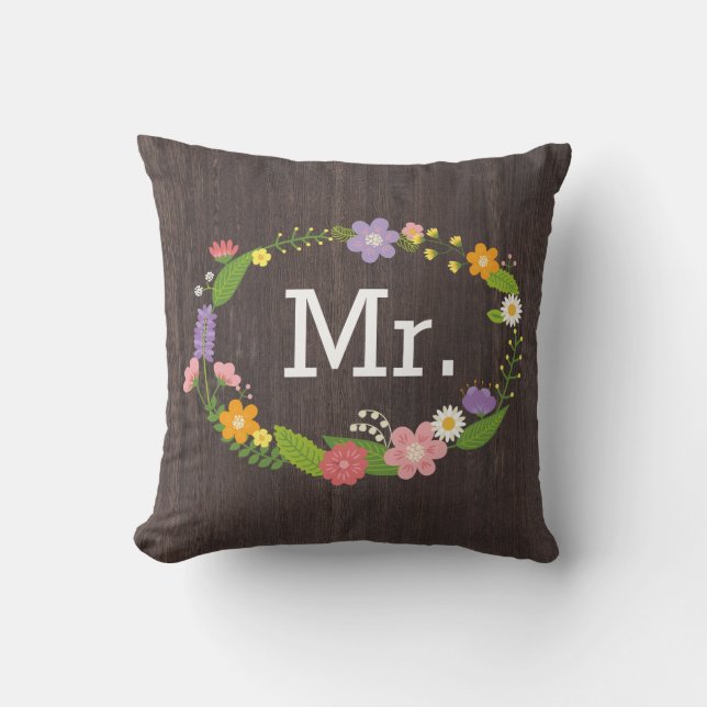 Rustic Woodland Bohemian Floral Wreath Wedding Cushion (Front)
