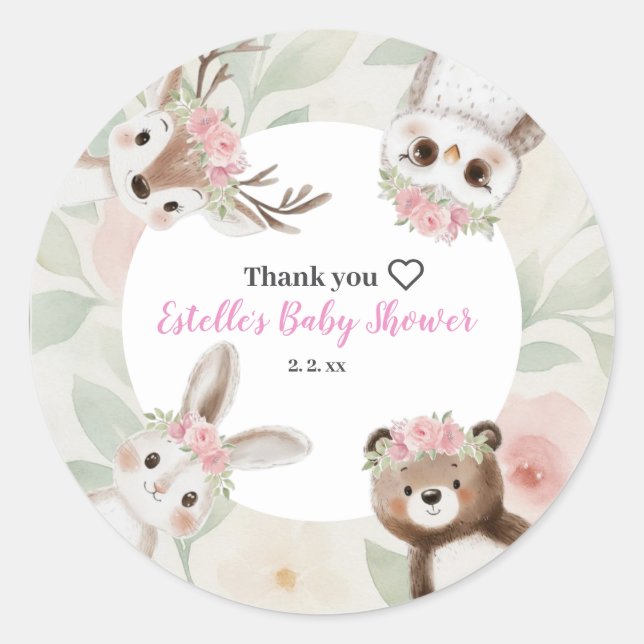 Rustic Woodland Boho Girl Baby Shower  Classic Round Sticker (Front)