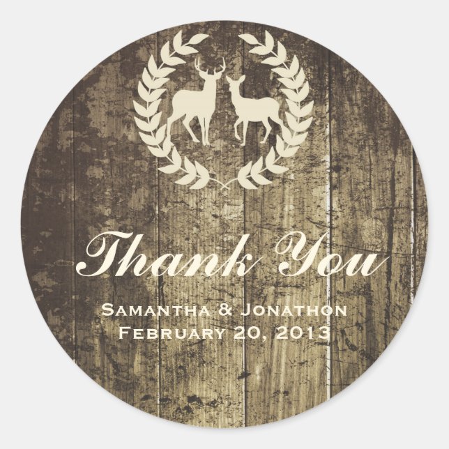 Rustic Woodland Buck and Deer Wedding Thank You Classic Round Sticker (Front)